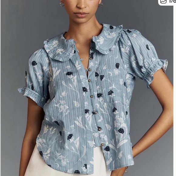 Anthropologie Tops - Anthropologie Pilcro Keira Blouse NWT Blue Floral Peter Pan Collar Top Size M
